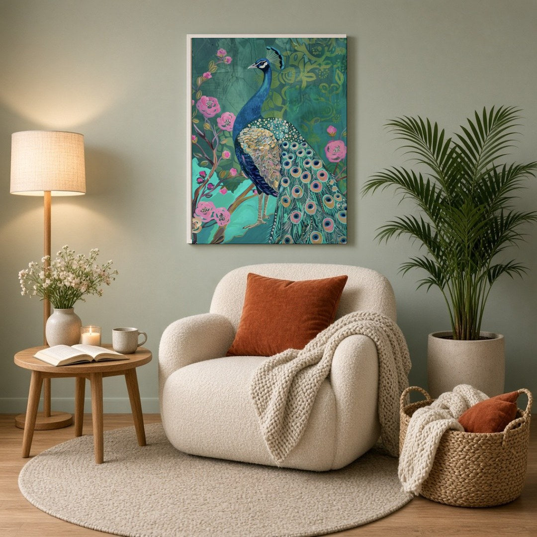 Immerse yourself in the regal allure of this artwork featuring a majestic peacock amidst a lush for Reading Nook