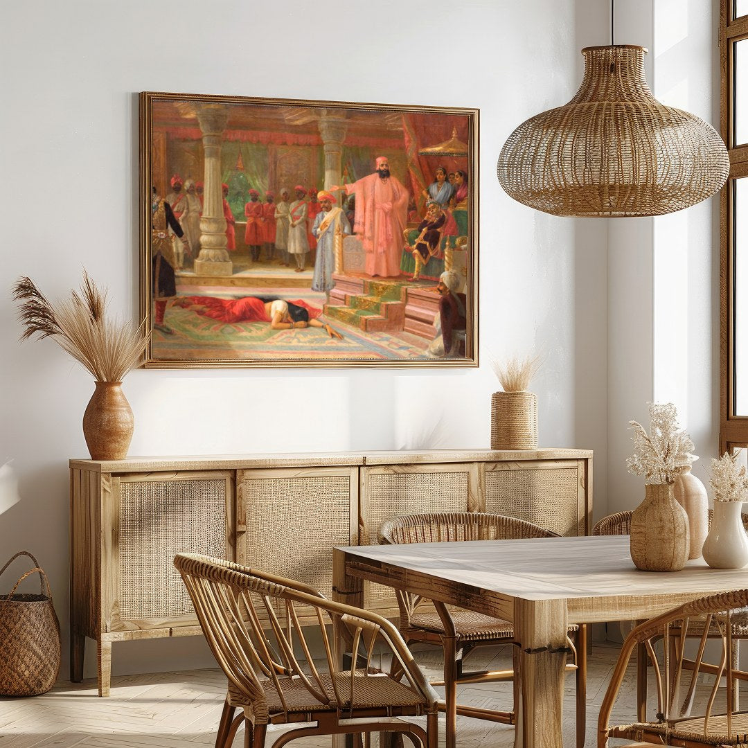 This captivating artwork brings to life a richly detailed royal court scene, showcasing opulent for Dining