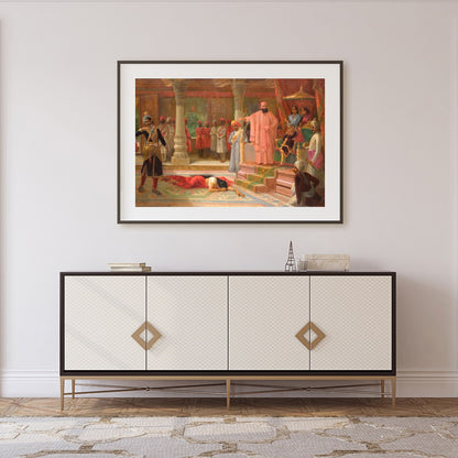 This captivating artwork brings to life a richly detailed royal court scene, showcasing opulent for Foyer