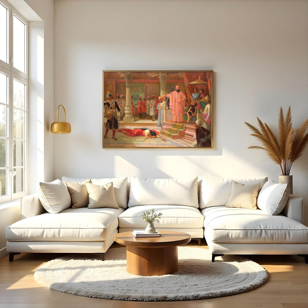 This captivating artwork brings to life a richly detailed royal court scene, showcasing opulent for Living Room