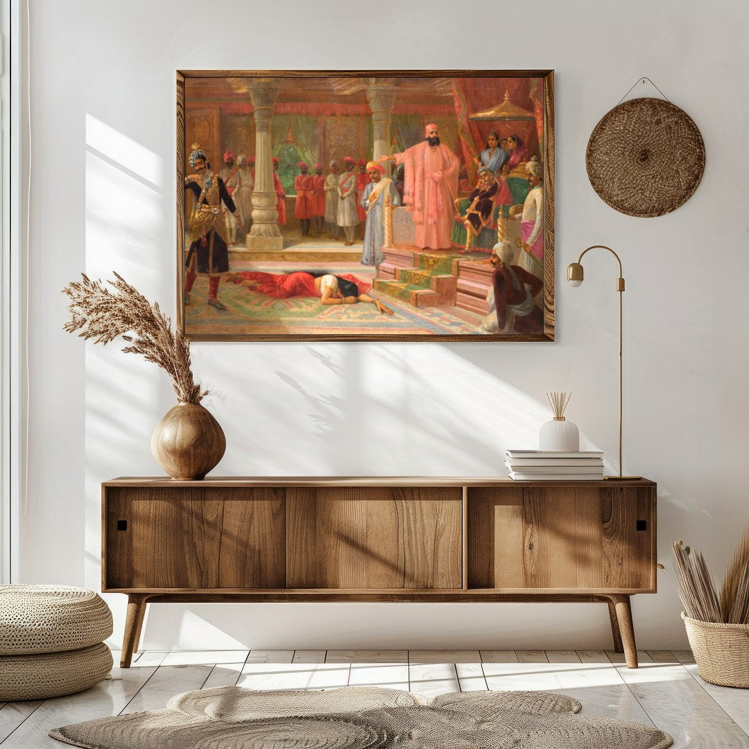 This captivating artwork brings to life a richly detailed royal court scene, showcasing opulent for Sitting Area