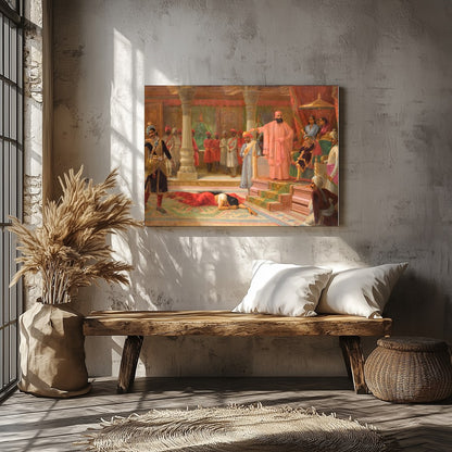 This captivating artwork brings to life a richly detailed royal court scene, showcasing opulent for Veranda