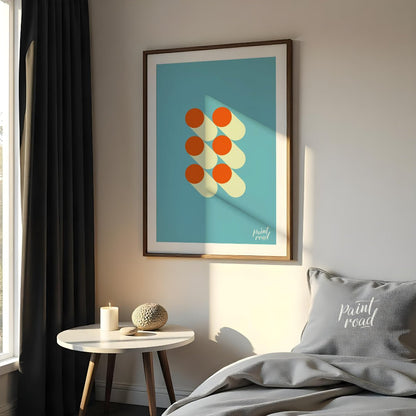 This striking graphic design features a minimalist arrangement of six orange circles, each paired w… for bedroom