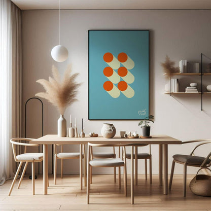 This striking graphic design features a minimalist arrangement of six orange circles, each paired w… for dining room