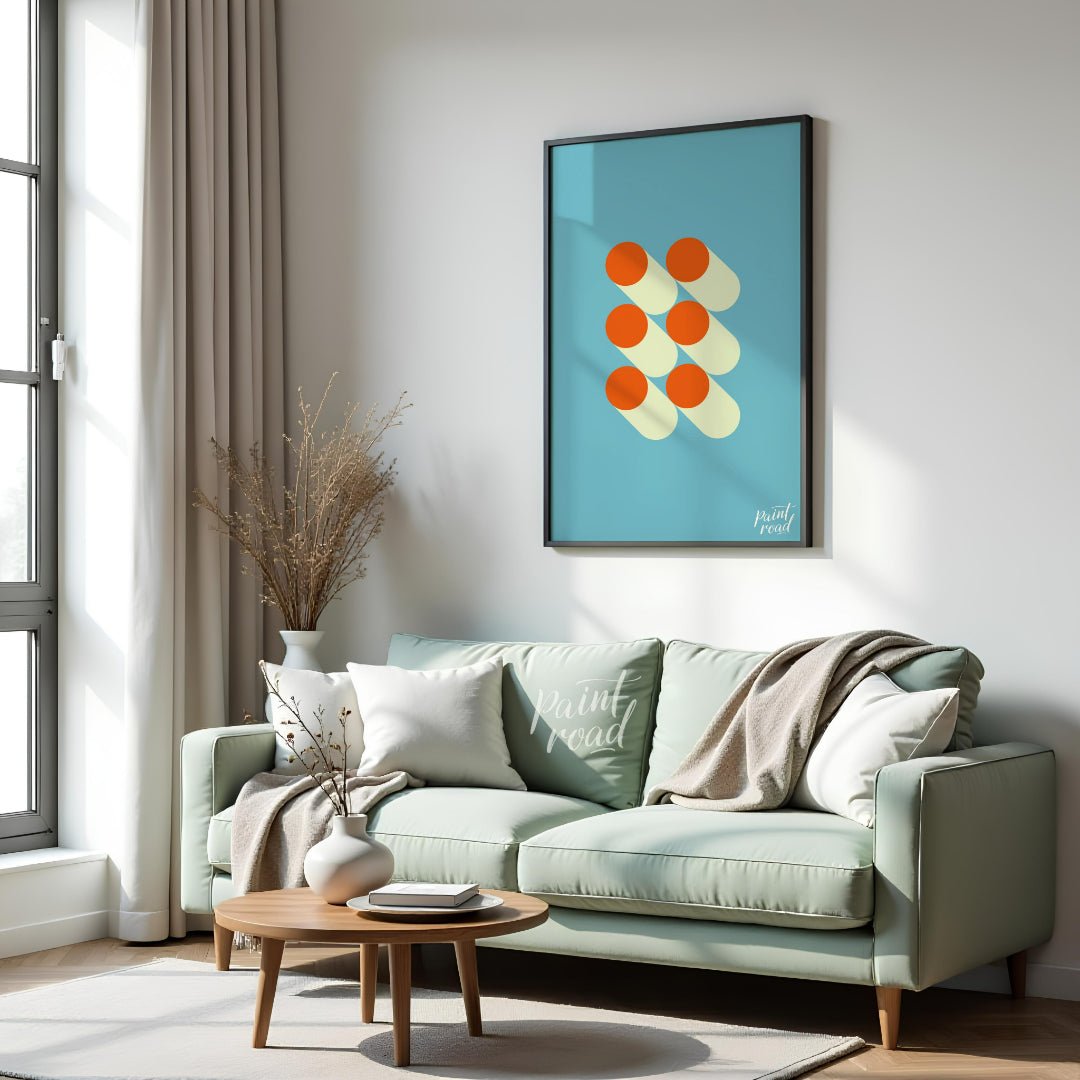 This striking graphic design features a minimalist arrangement of six orange circles, each paired w… for living room