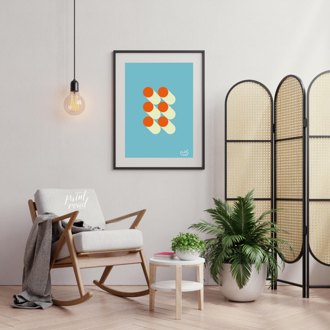 This striking graphic design features a minimalist arrangement of six orange circles, each paired w… for living room