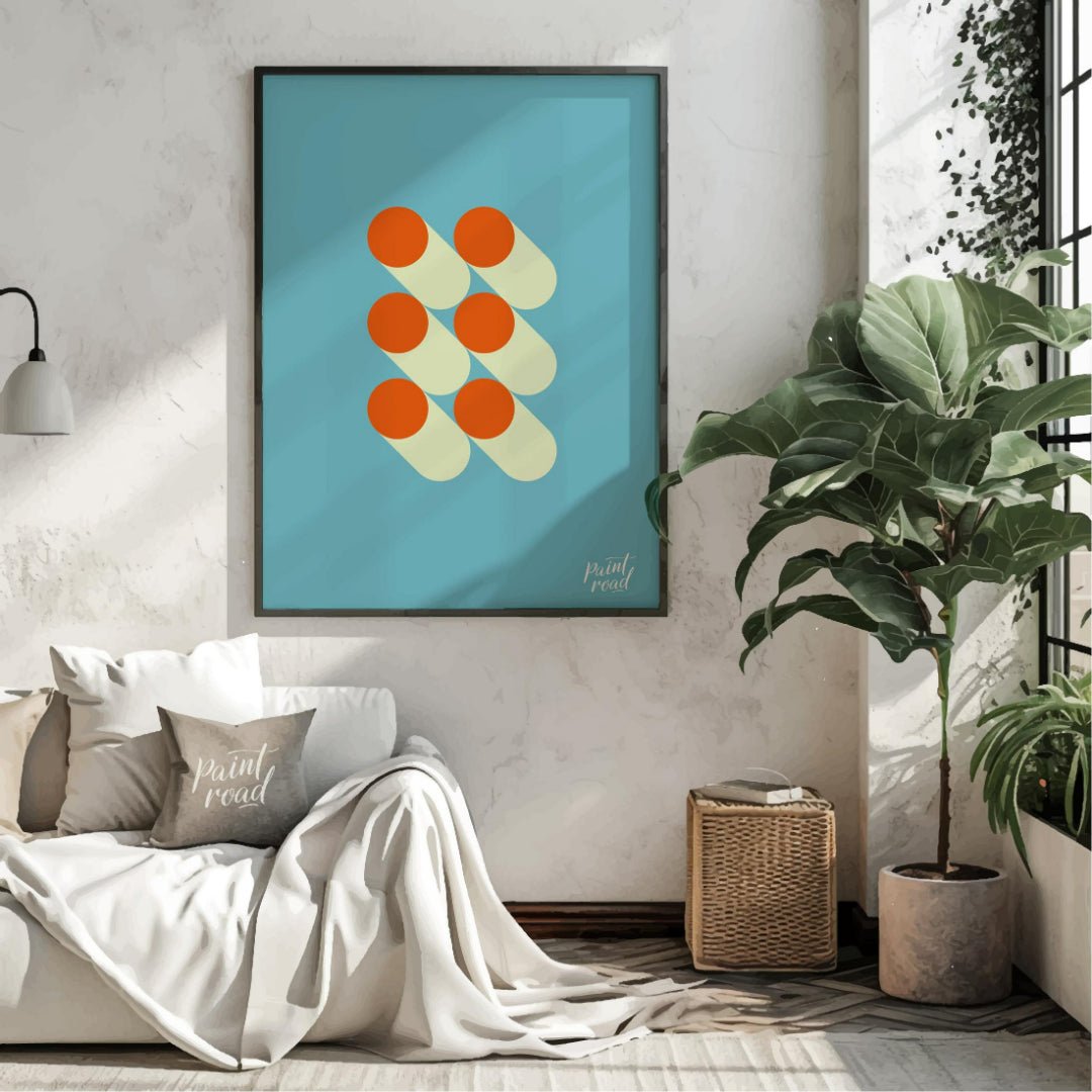 This striking graphic design features a minimalist arrangement of six orange circles, each paired w… for living room