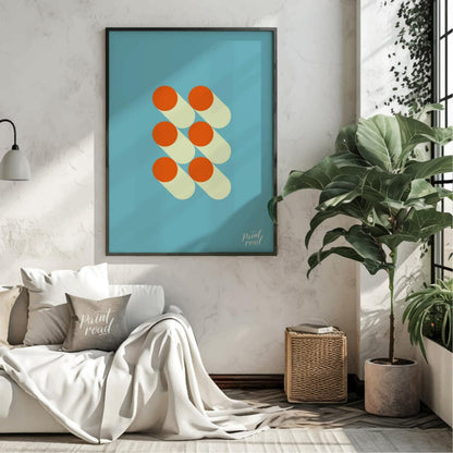 This striking graphic design features a minimalist arrangement of six orange circles, each paired w… for living room