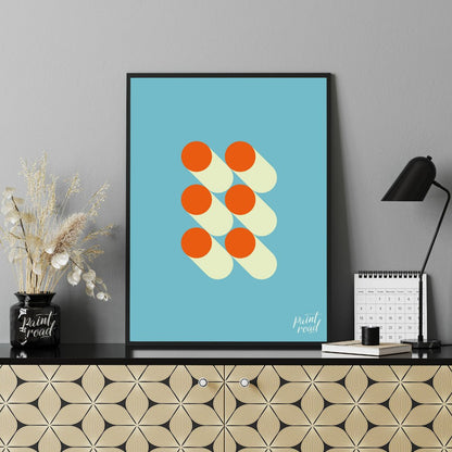 This striking graphic design features a minimalist arrangement of six orange circles, each paired w… for office