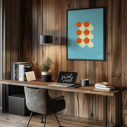 This striking graphic design features a minimalist arrangement of six orange circles, each paired w… for office