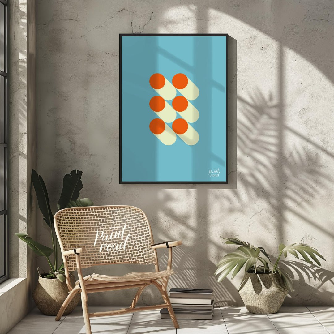 This striking graphic design features a minimalist arrangement of six orange circles, each paired w… for other