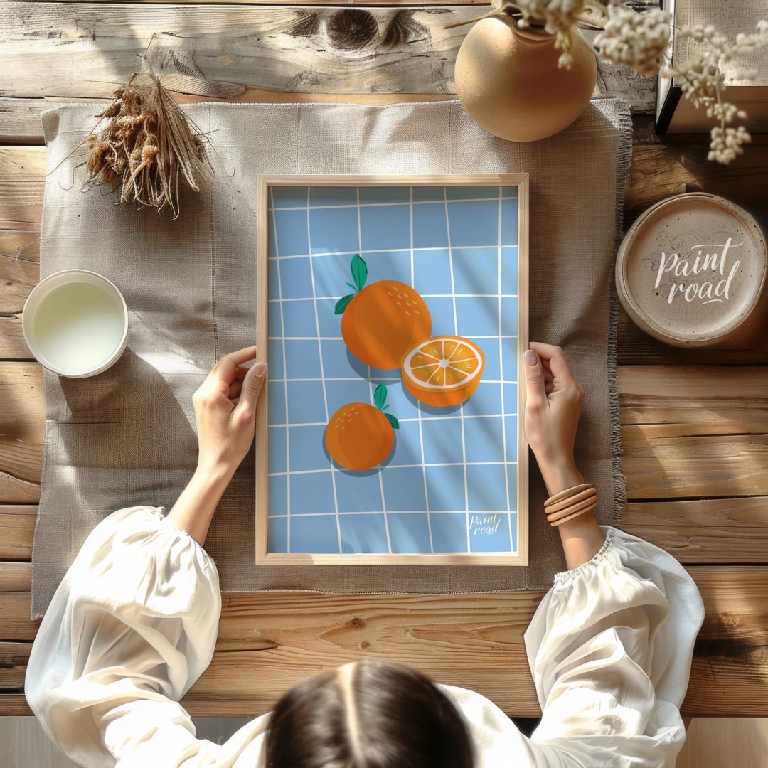 This bright and cheerful poster showcases a simple yet effective arrangement of oranges against a c… for dining room