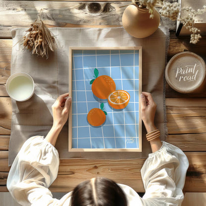 This bright and cheerful poster showcases a simple yet effective arrangement of oranges against a c… for dining room