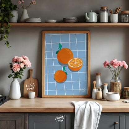 This bright and cheerful poster showcases a simple yet effective arrangement of oranges against a c… for kitchen