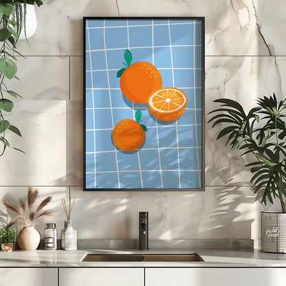 This bright and cheerful poster showcases a simple yet effective arrangement of oranges against a c… for kitchen