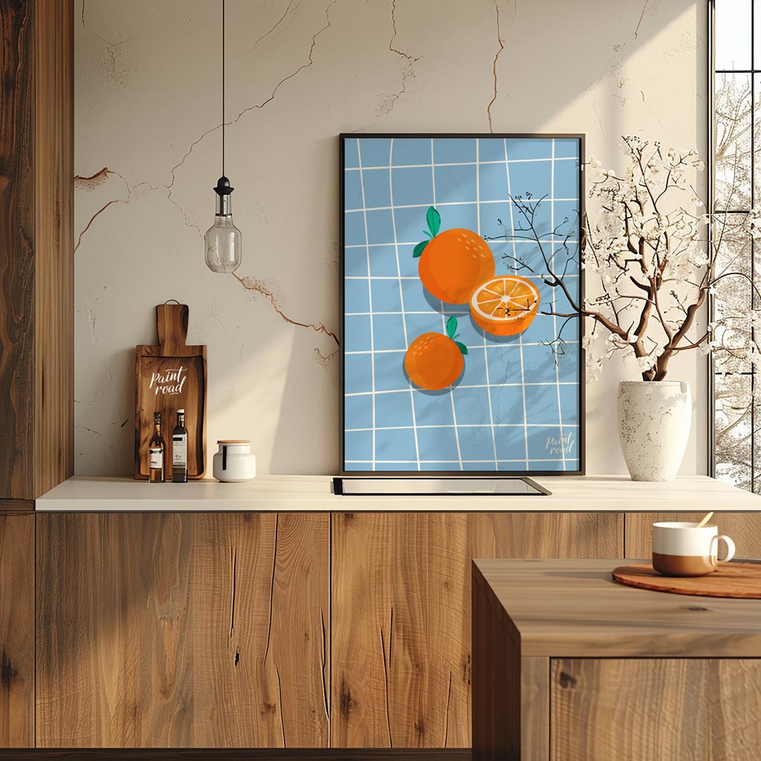 This bright and cheerful poster showcases a simple yet effective arrangement of oranges against a c… for kitchen
