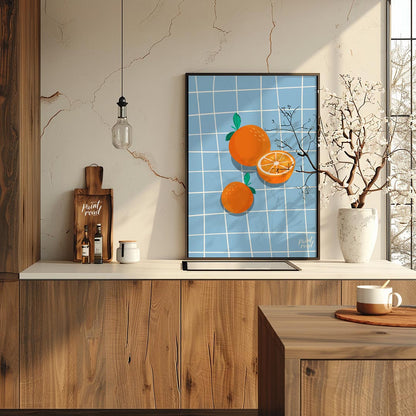This bright and cheerful poster showcases a simple yet effective arrangement of oranges against a c… for kitchen