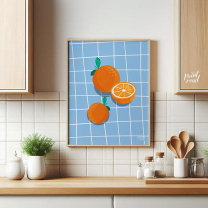 This bright and cheerful poster showcases a simple yet effective arrangement of oranges against a c… for kitchen