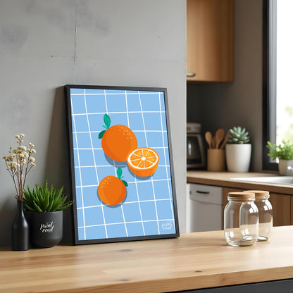 This bright and cheerful poster showcases a simple yet effective arrangement of oranges against a c… for kitchen