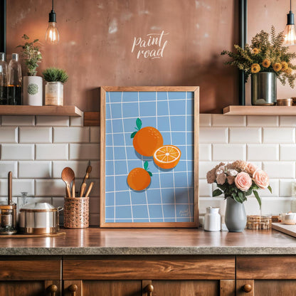 This bright and cheerful poster showcases a simple yet effective arrangement of oranges against a c… for kitchen