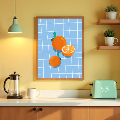 This bright and cheerful poster showcases a simple yet effective arrangement of oranges against a c… for kitchen