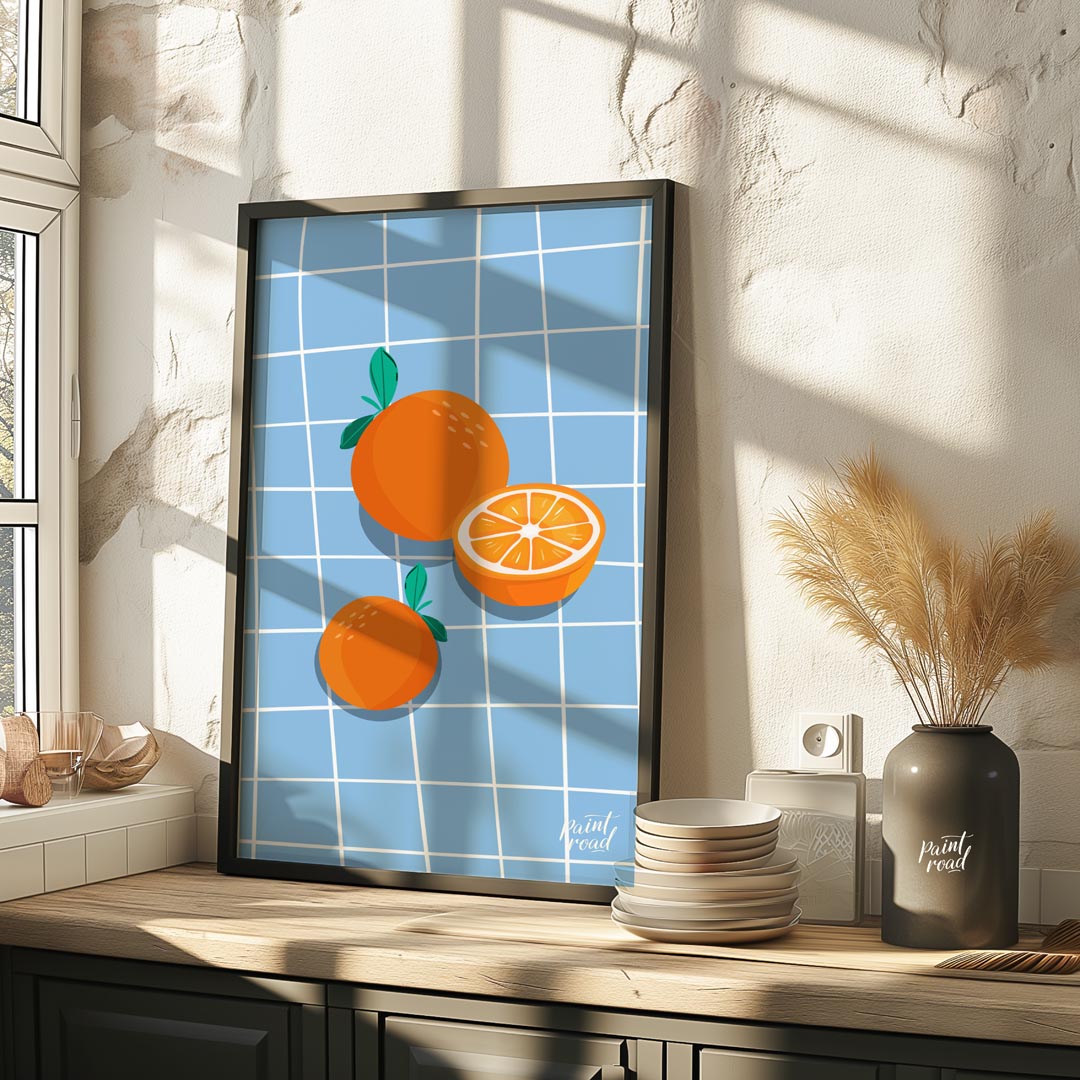 This bright and cheerful poster showcases a simple yet effective arrangement of oranges against a c… for kitchen