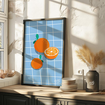 This bright and cheerful poster showcases a simple yet effective arrangement of oranges against a c… for kitchen