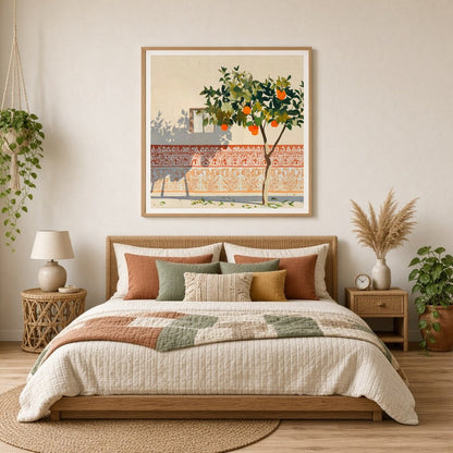 Capture the charm of a sunlit courtyard with this striking art print featuring a vibrant orange for Bedroom