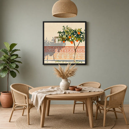 Capture the charm of a sunlit courtyard with this striking art print featuring a vibrant orange for Dining