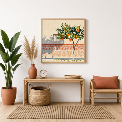 Capture the charm of a sunlit courtyard with this striking art print featuring a vibrant orange for Entrance