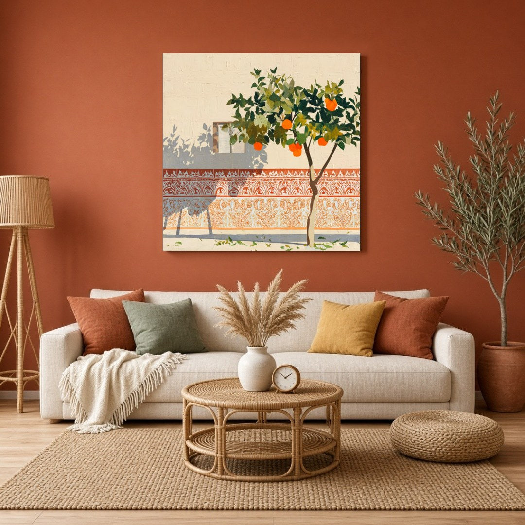 Capture the charm of a sunlit courtyard with this striking art print featuring a vibrant orange for Living Room