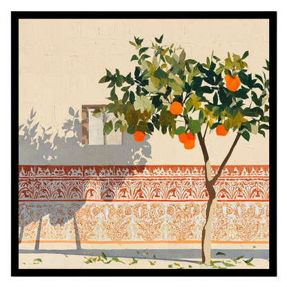 Capture the charm of a sunlit courtyard with this striking art print featuring a vibrant orange for lovely-house