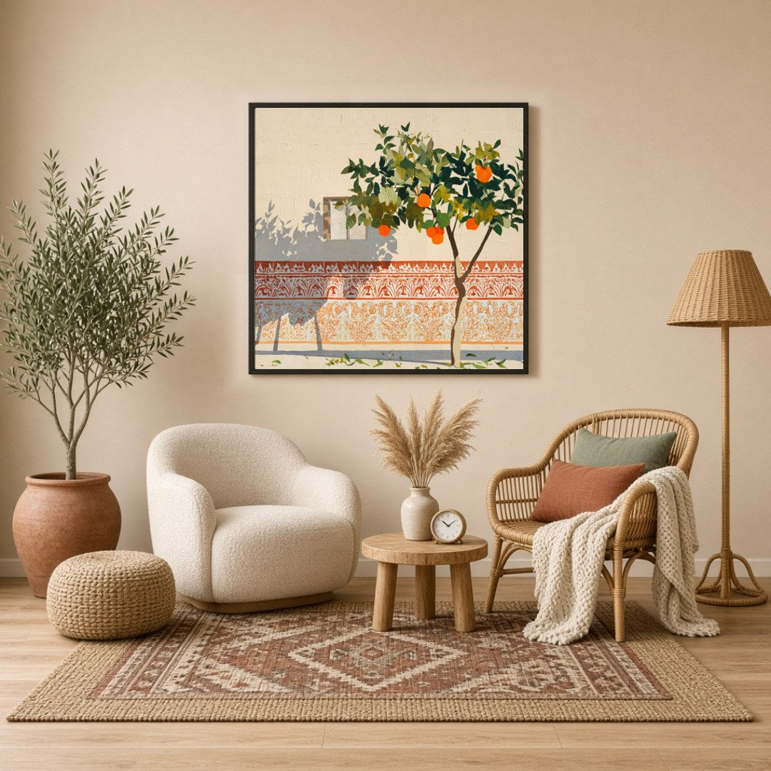 Capture the charm of a sunlit courtyard with this striking art print featuring a vibrant orange for Sitting Lounge