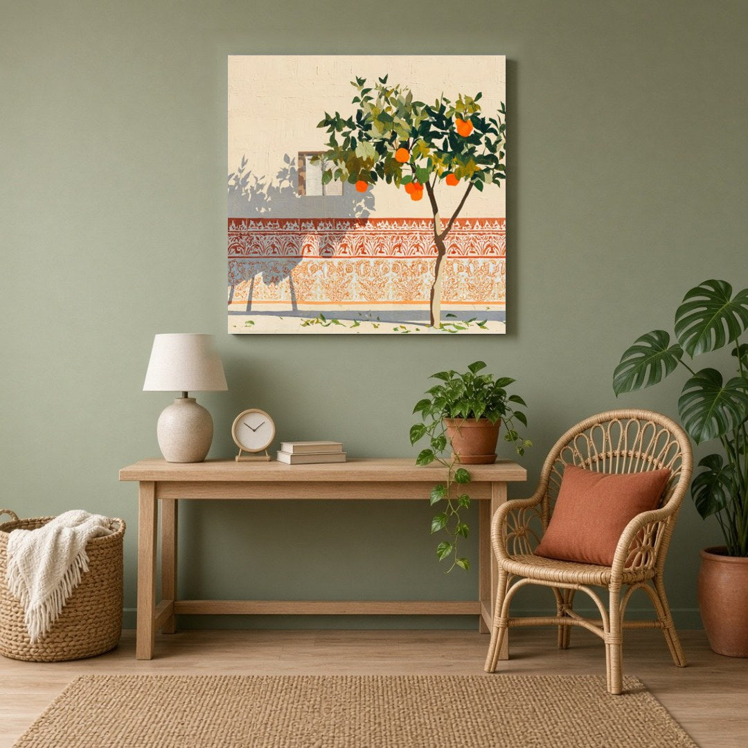 Capture the charm of a sunlit courtyard with this striking art print featuring a vibrant orange for Study