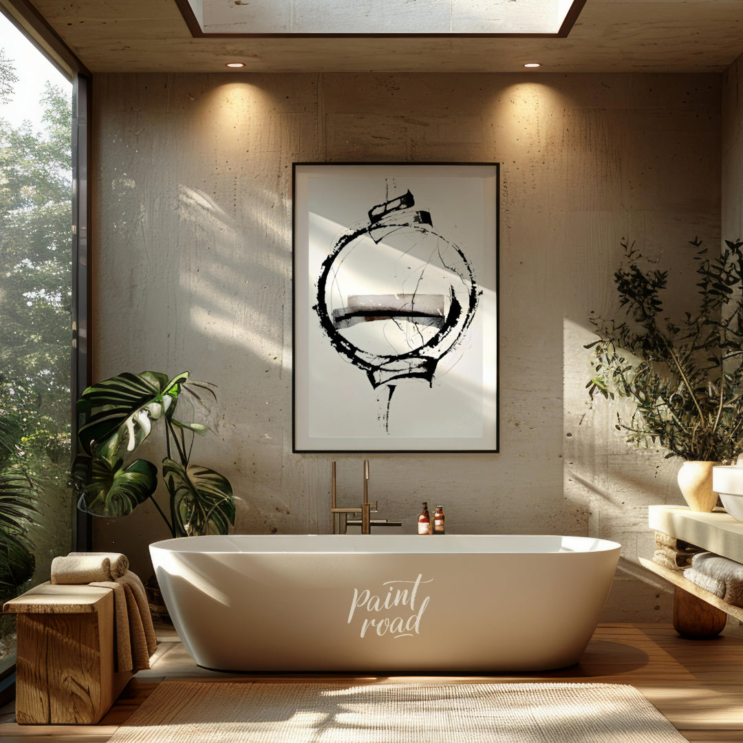 """Orbital Fragment"" presents a dynamic abstract composition featuring a bold circular form inters… for bathroom