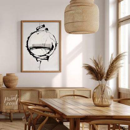 """Orbital Fragment"" presents a dynamic abstract composition featuring a bold circular form inters… for dining room