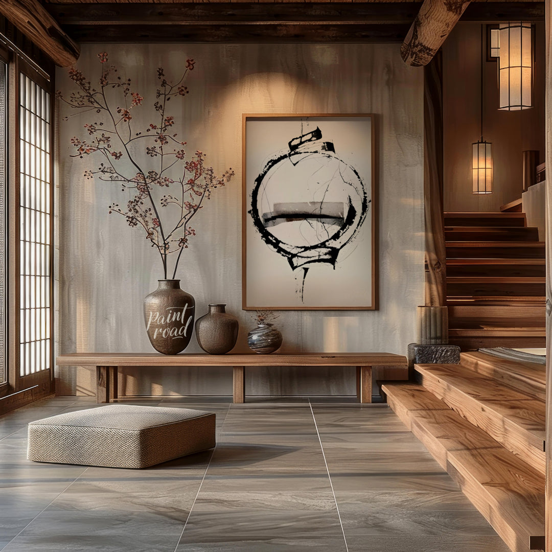 """Orbital Fragment"" presents a dynamic abstract composition featuring a bold circular form inters… for entryway