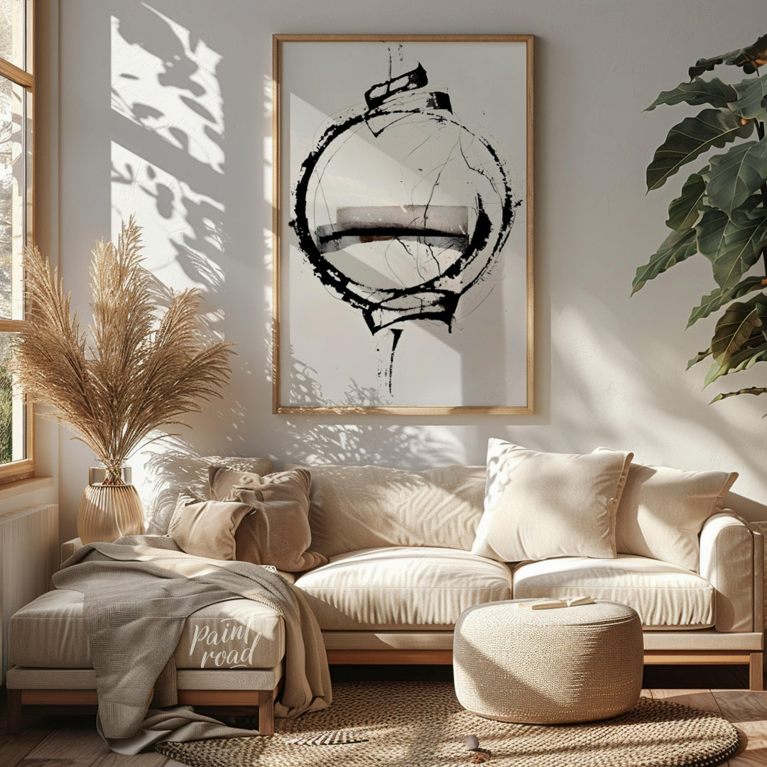 """Orbital Fragment"" presents a dynamic abstract composition featuring a bold circular form inters… for living room
