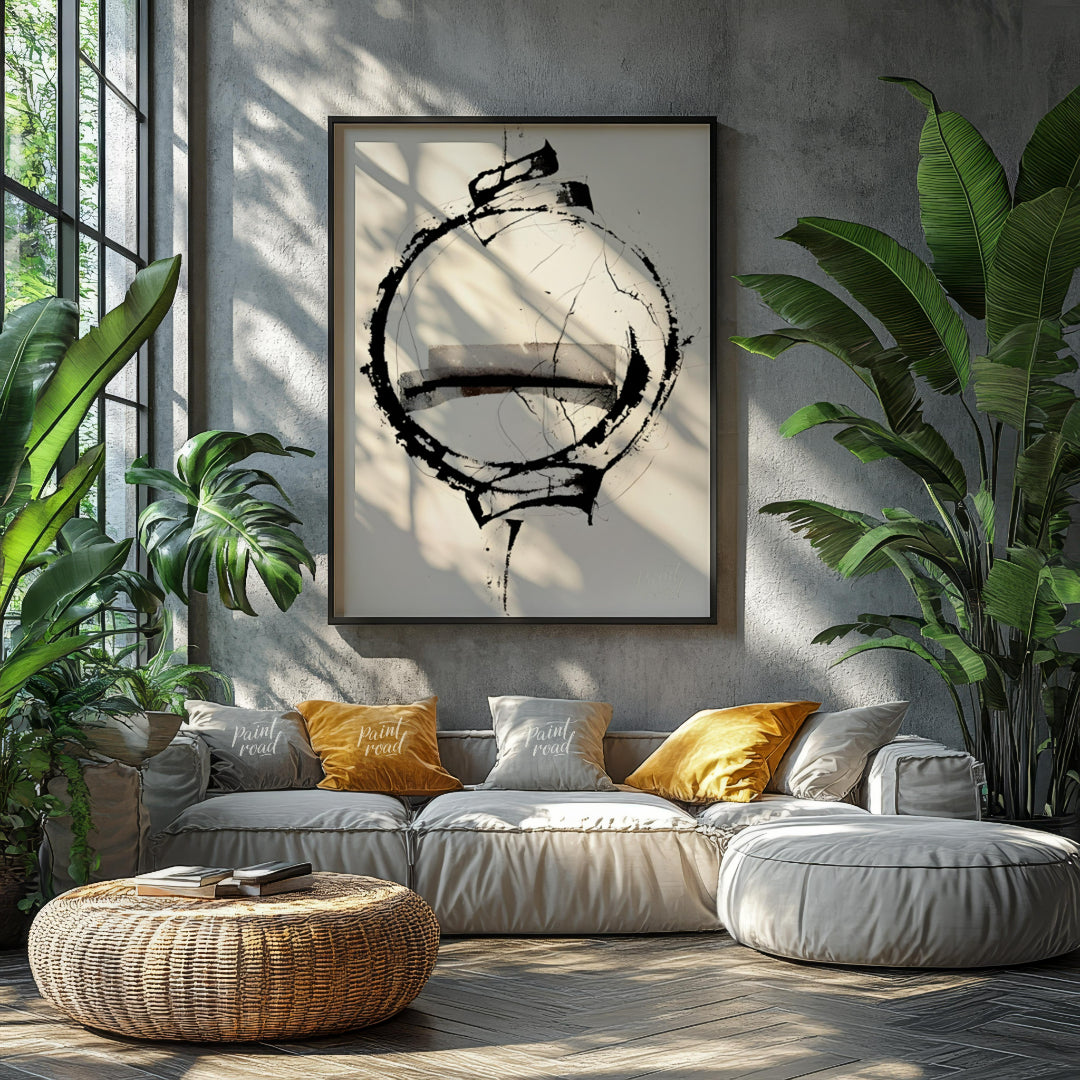 """Orbital Fragment"" presents a dynamic abstract composition featuring a bold circular form inters… for living room