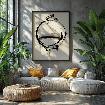 """Orbital Fragment"" presents a dynamic abstract composition featuring a bold circular form inters… for living room