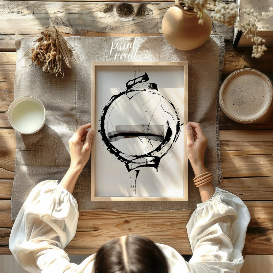 """Orbital Fragment"" presents a dynamic abstract composition featuring a bold circular form inters… for other
