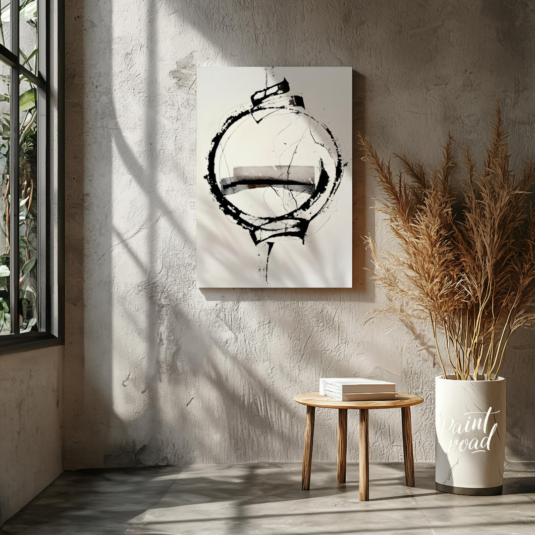 """Orbital Fragment"" presents a dynamic abstract composition featuring a bold circular form inters… for other