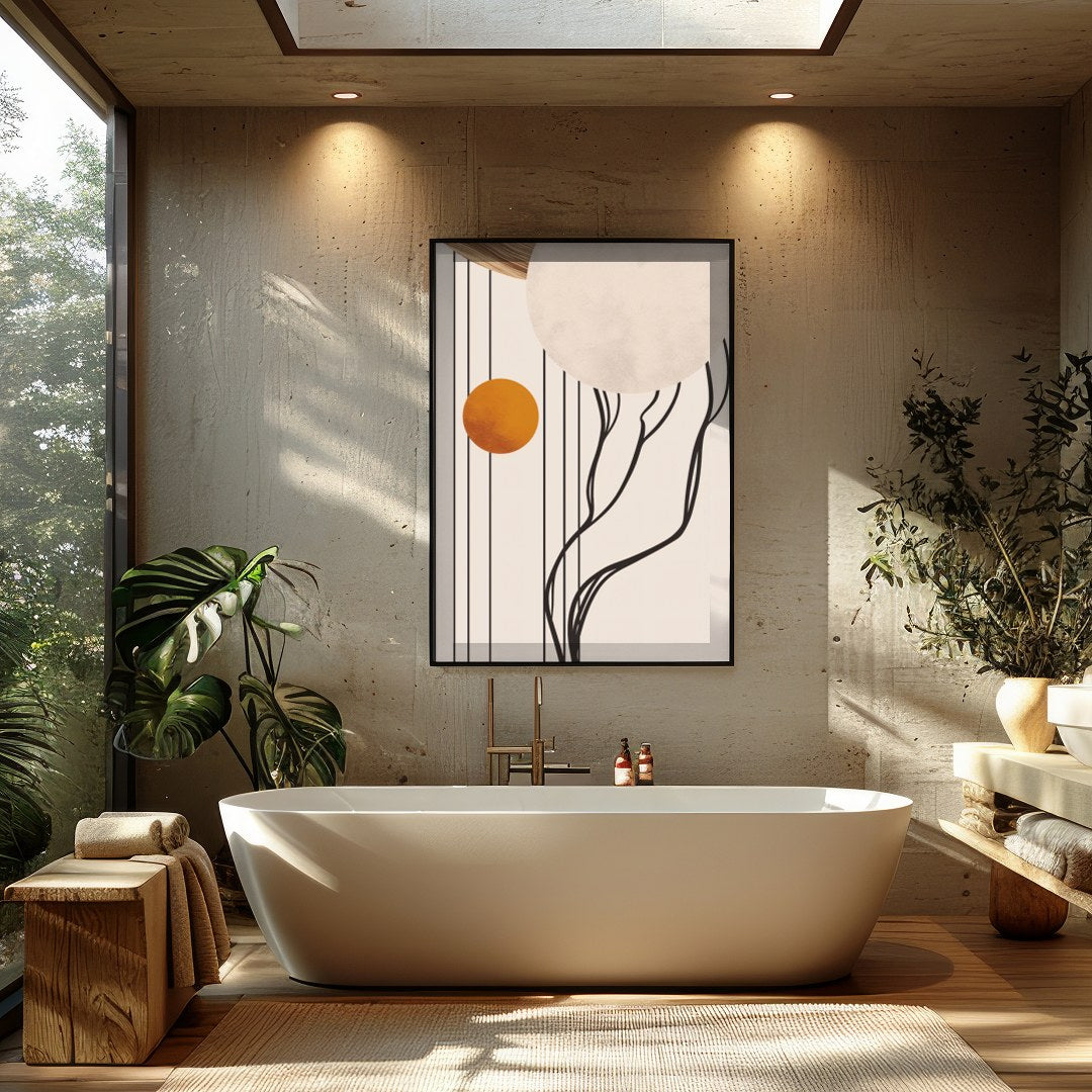 Discover the serene beauty of cosmic balance with this captivating artwork. Featuring bold circles for Bathroom