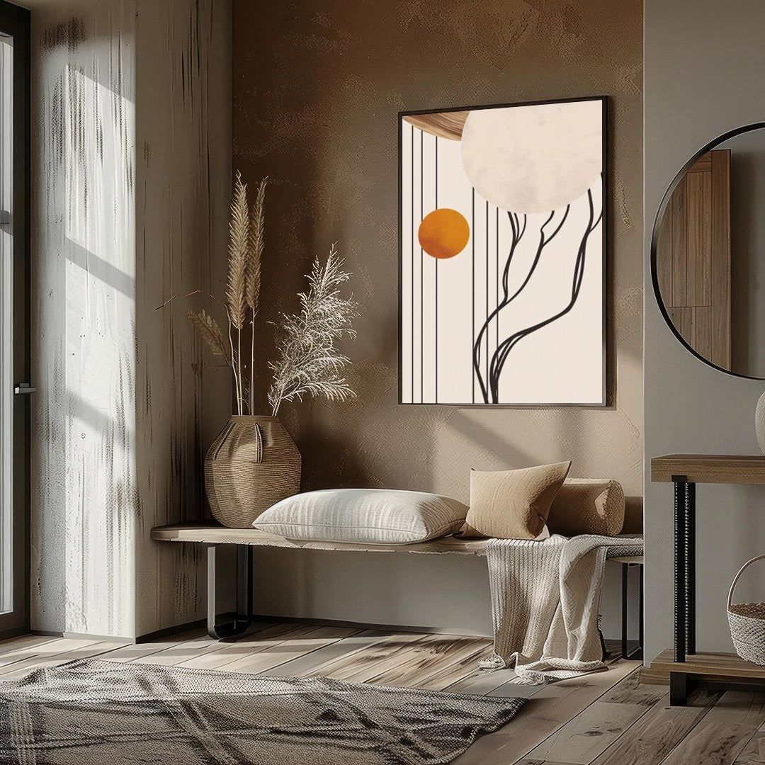 Discover the serene beauty of cosmic balance with this captivating artwork. Featuring bold circles for home