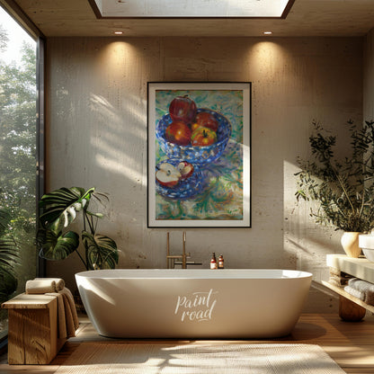 This still life painting captures a rustic scene with a blue patterned bowl filled with ripe apples… for bathroom