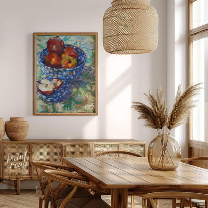 This still life painting captures a rustic scene with a blue patterned bowl filled with ripe apples… for dining room
