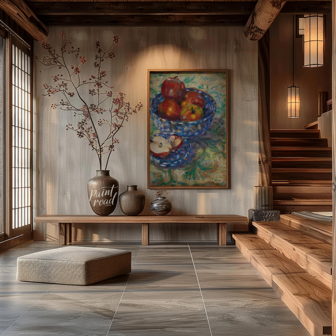 This still life painting captures a rustic scene with a blue patterned bowl filled with ripe apples… for entryway