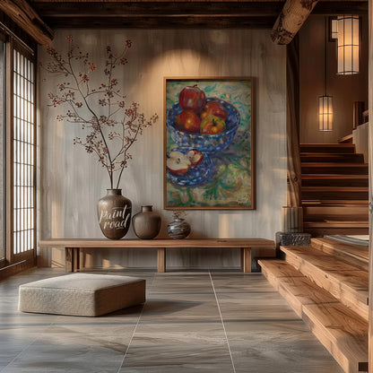 This still life painting captures a rustic scene with a blue patterned bowl filled with ripe apples… for entryway