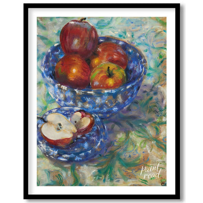 This still life painting captures a rustic scene with a blue patterned bowl filled with ripe apples… for house
