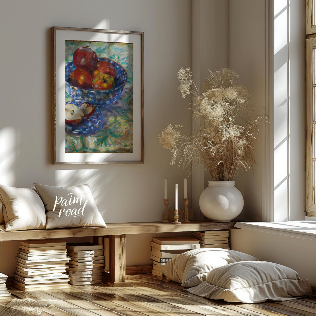 This still life painting captures a rustic scene with a blue patterned bowl filled with ripe apples… for living room